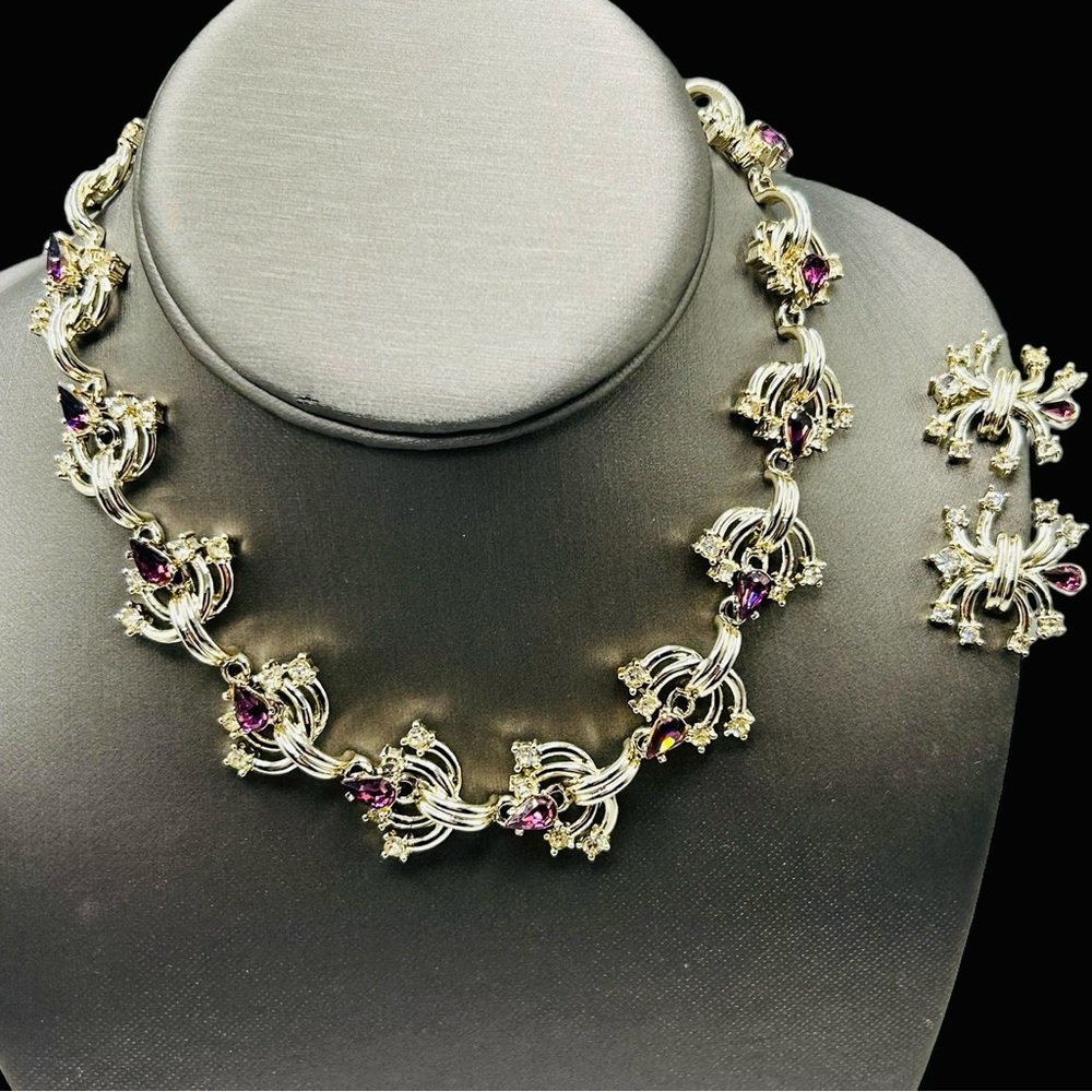 Rare Vintage Duane Purple Rhinestone Necklace Earring Set - Picture 2 of 14